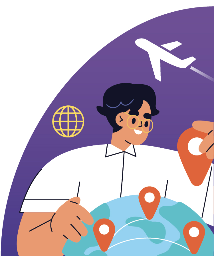 Illustration of person holding a map with location pins and an airplane flying.